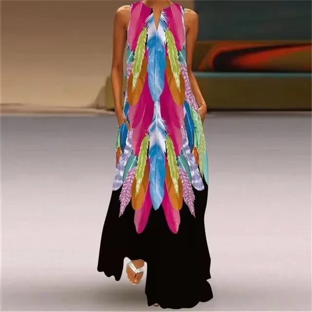 Spring Summer Long Dress Womens Long Casual Party Dresses Women Clothing Casual A-Line Printing V-Neck Pockets Maxi Dress Autumn