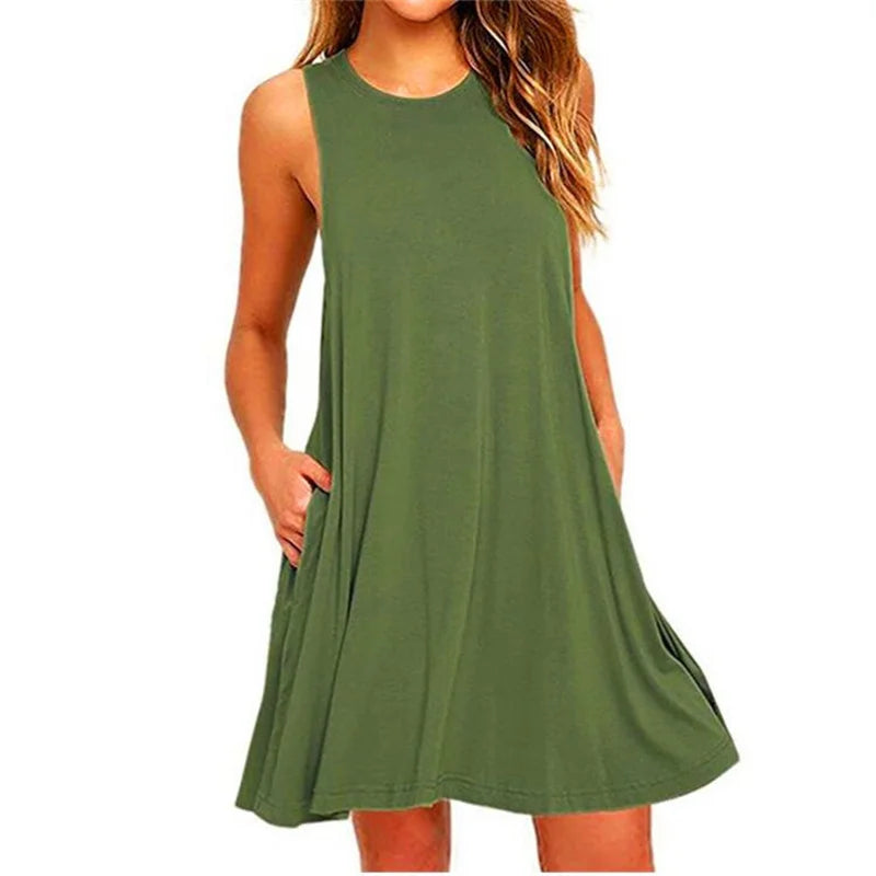 Summer Women Sleeveless Dress Ladies Casual O-Neck Club Beach Loose A-Line Mini Dress Vestidos QT034