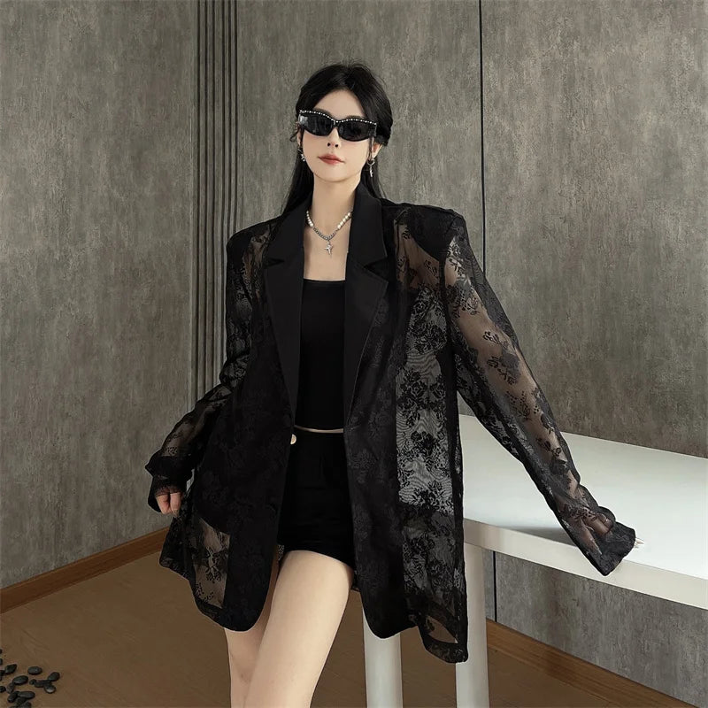 Women Clothing Summer Thin Jackets 2025 Ropa Mujer Patchwork Lace Temperament Coat Sexy Y2k Tops See Through Oversized Outwear