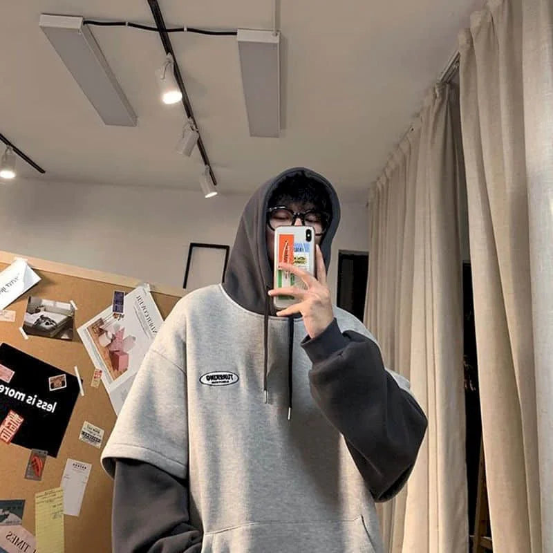 Hoodies men fake two-piece sweatshirt autumn stitching Korean loose contrast color hooded long-sleeved black white gray design