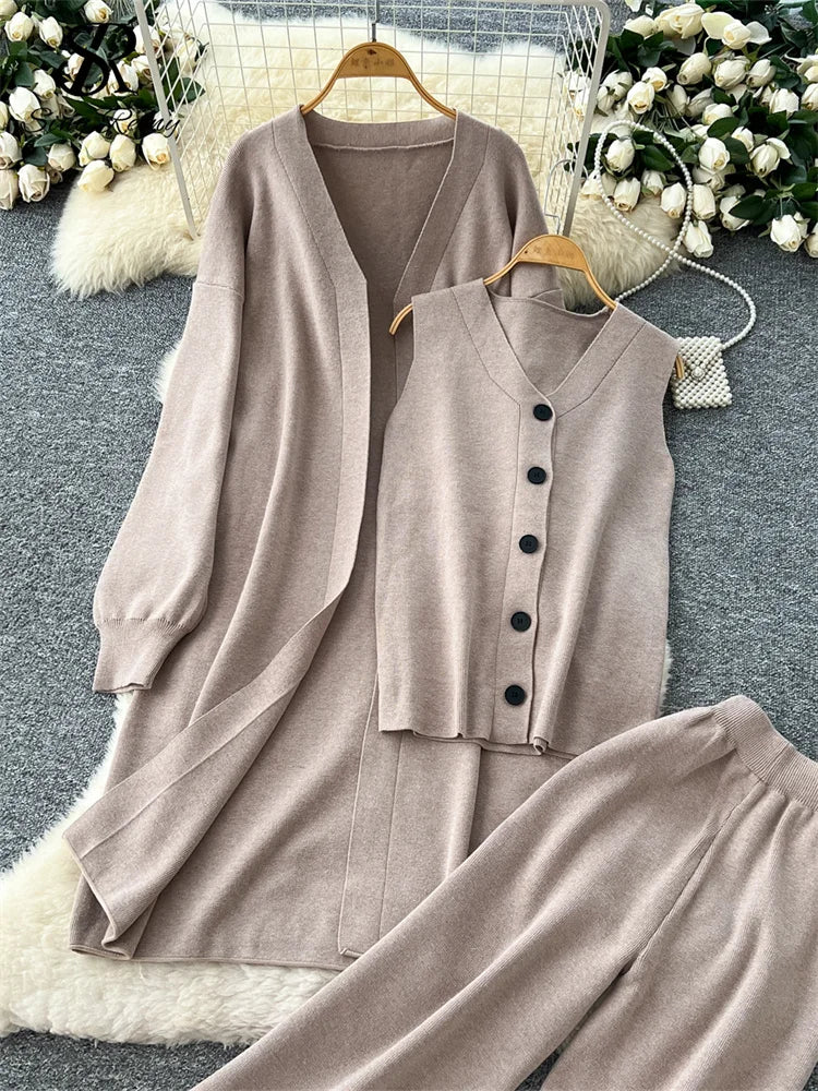 SINGREINY Autumn Knitted Warm Suits V Neck Buttons Vest+Full Sleeve Long Cardigans+Wide Legs Pants Women Solid Three Pieces Sets
