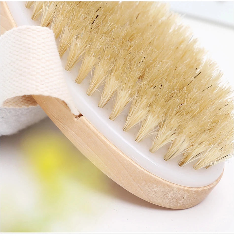 1個入り 角質除去 木製ボディマッサージシャワーブラシ 天然毛 バスブラシ ソフト SPA 女性 男性 スキンケア ウェット ドライ ボディブラシ