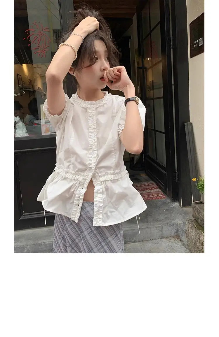Women French Gentle Style Fungus Edges O-neck Puff Short-sleeved Shirts Summer Lace-up Bow Waist Slimming Single Breasted Blouse