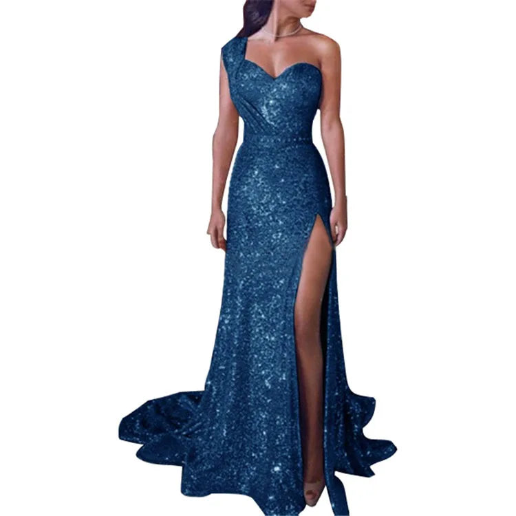 Wedding Party Dress Female Evening Elegant Sexy Deep V Neck One Shoulder Sleeveless Sequined Long Maxi Dresses For Women 2023