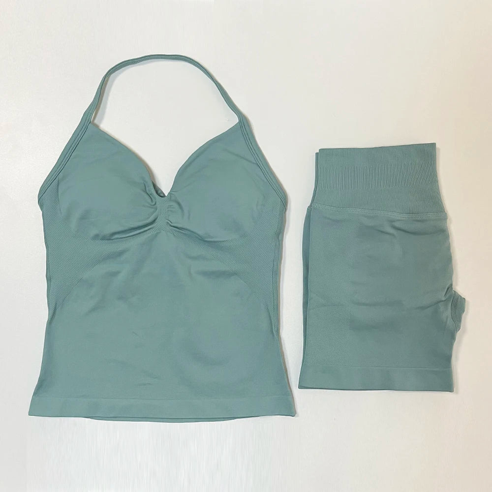 2pcs Gym Set Women Backless Tank Top and Scrunch Seamless Yoga Shorts Suits Fitness Yoga Set Activewear Workout Sets Sports Suit