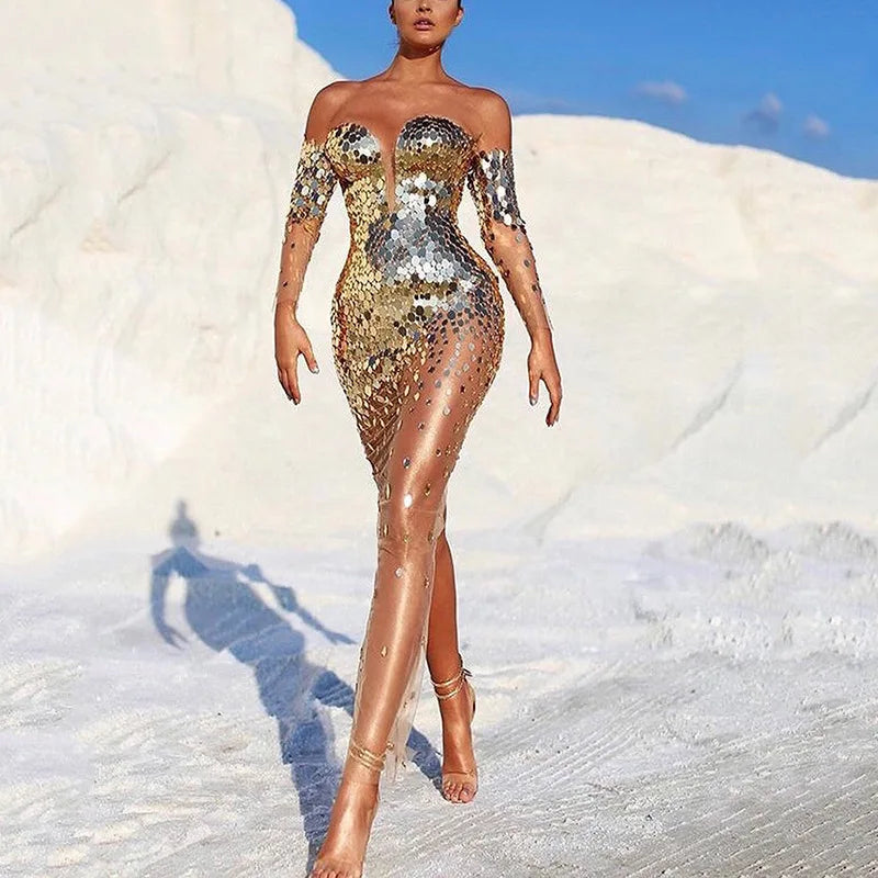 Sexy Dresses for Women One-shoulder Birthday Party Evening Dress Female Long Sleeve Gothic Sequins Elegant Ladies Clothes Dress