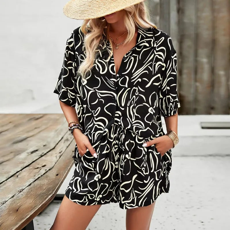Ecoparty Summer Women Casual Floral Print Suit Single Breasted Shirt and Drawstring Wide Leg Shorts Lady Two Piece Sets