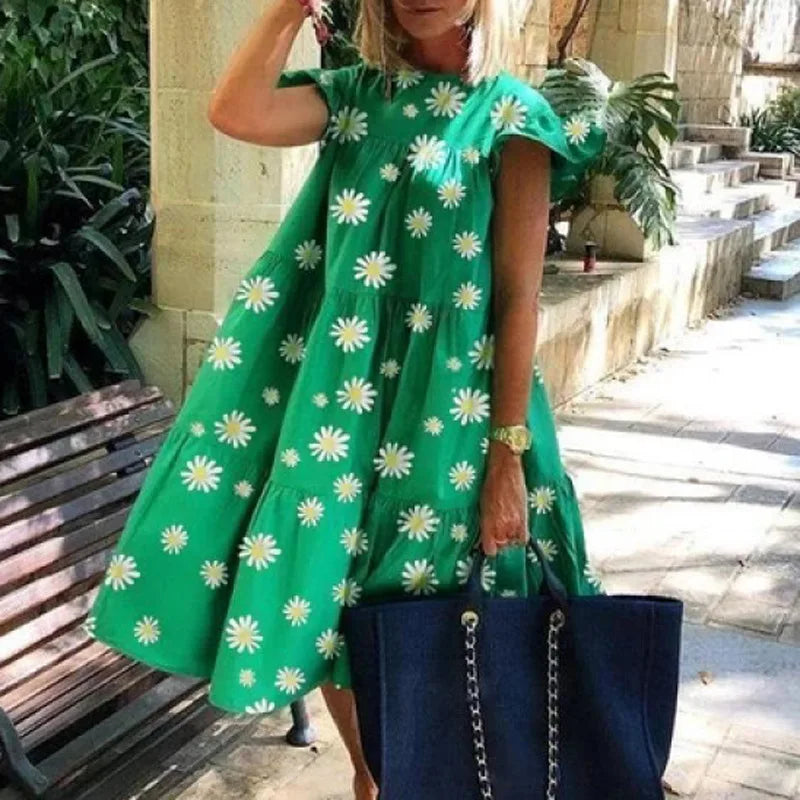 Summer Fashion Boho Print Dress Lady Casual O-Neck Pullover Ruffles Short Sleeve Loose Dresses For Women Holiday Beach Dress New