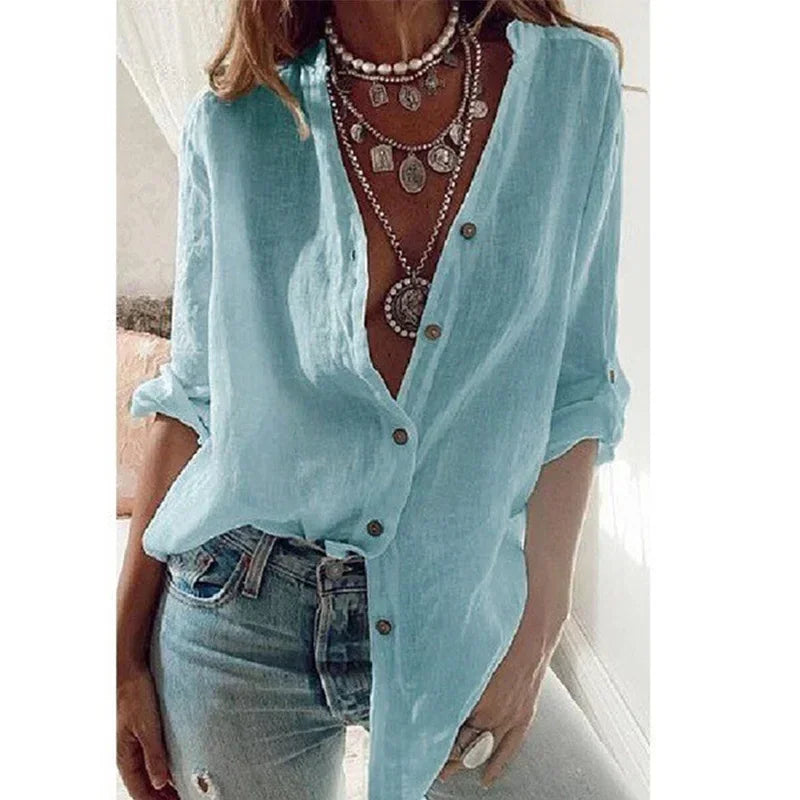 Summer Women's Cotton Linen Shirt Fashion Solid Color Casual Loose Button V-Neck Long Sleeve Top Commuter Wear