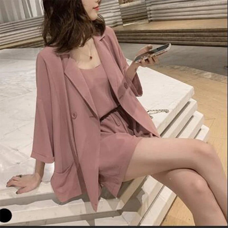 Spring Autumn Korean Style Loose Casual Blazer Camisole Wide Leg Shorts Set Women Simple Elegant Fashion Solid All-match Suit