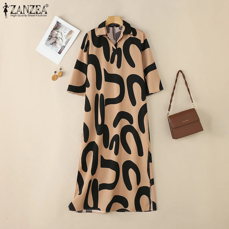 2025 ZANZEA Fashion Autumn Printed Dresses Women Maxi Long Dress Lapel Neck Long Sleeve Robe Casual Kaftan Vestidos Oversize
