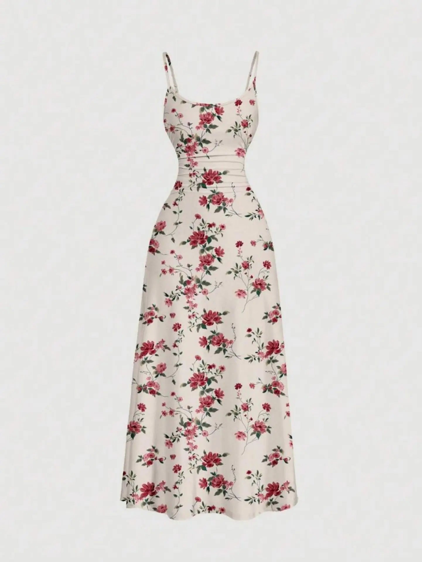 Women Summer Casual Sweet Floral Print Halter Dress High Waist Pleated Slim Fit A-line Dress Casual Vacation Dress