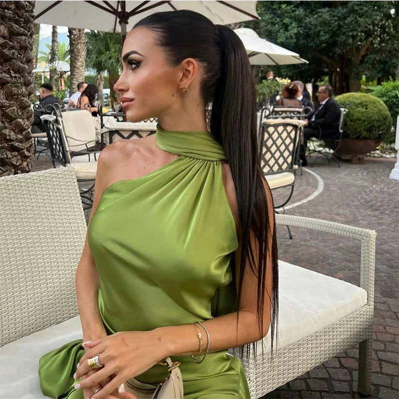 Elegant Satin Ribbon Halter Backless Sleeveless Dress for Women Slim Fit Party Evening Robes Lady Solid Color Autumn Summer 2025