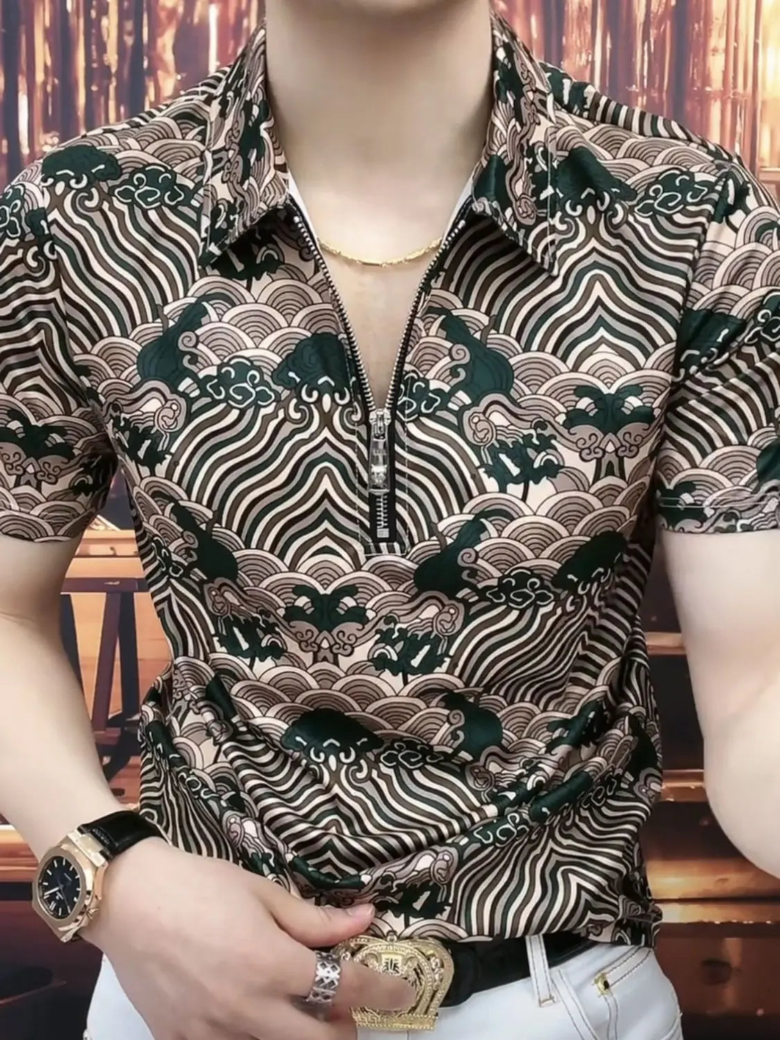 New Chinese Trend Leading Half-zip Men's Short-sleeved Shirt, Hong Kong Style Top