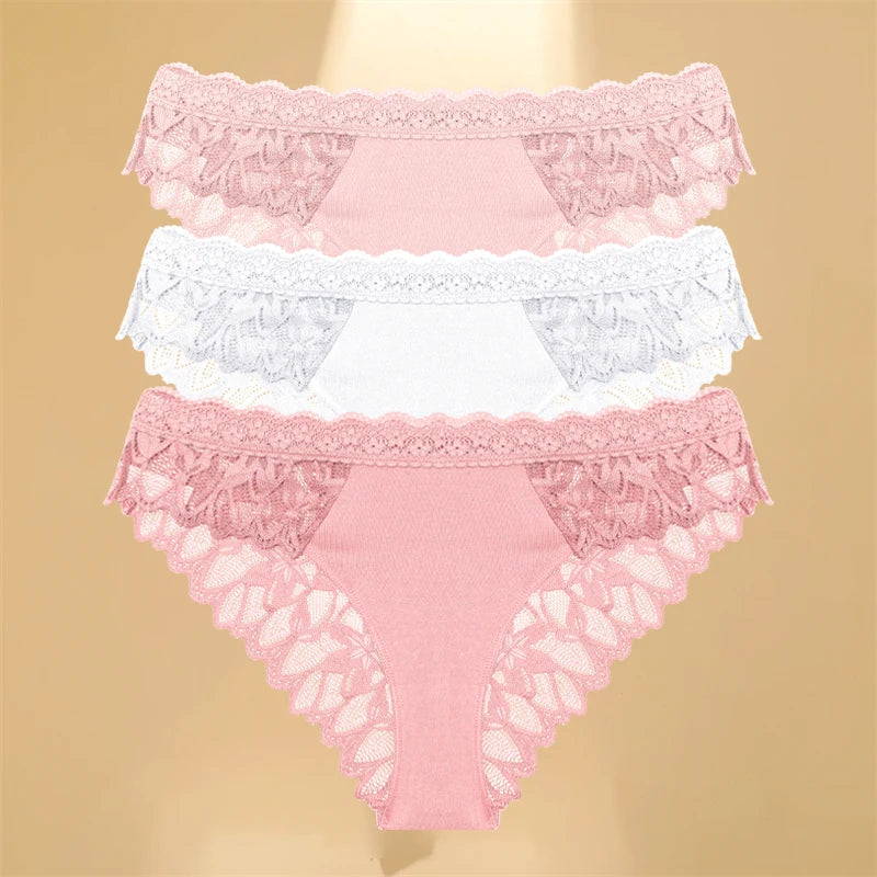 FINETOO 3Pcs Lace Hollow Out Underwear for Women Sexy Low-Waist Floral Briefs Female Invisible Breathable Lingerie Soft Intimate