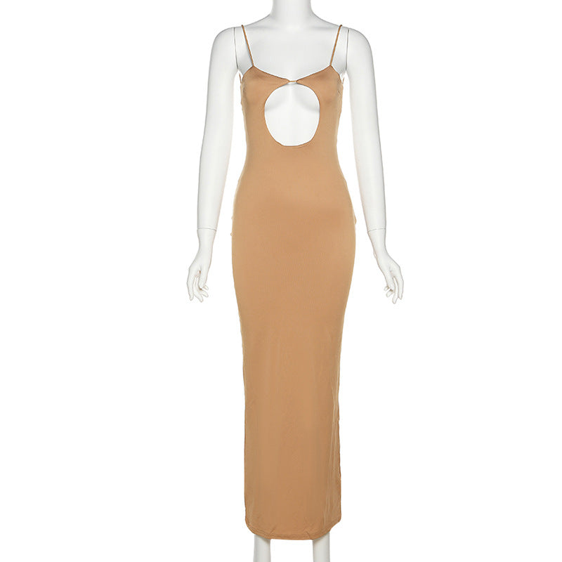 Combhasaki Womens Solid Color Thin Spaghetti Straps Backless Round Cutout Hole Slim Fit Suspender Party Club Slim Fit Long Dress