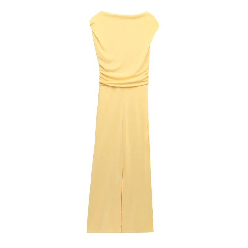 TRAF Asymmetrical Long Dresses 2025 Woman Sleeveless Yellow Midi Dress Ruched Bodycon Party Dresses Women Slit Elegant Dress 088