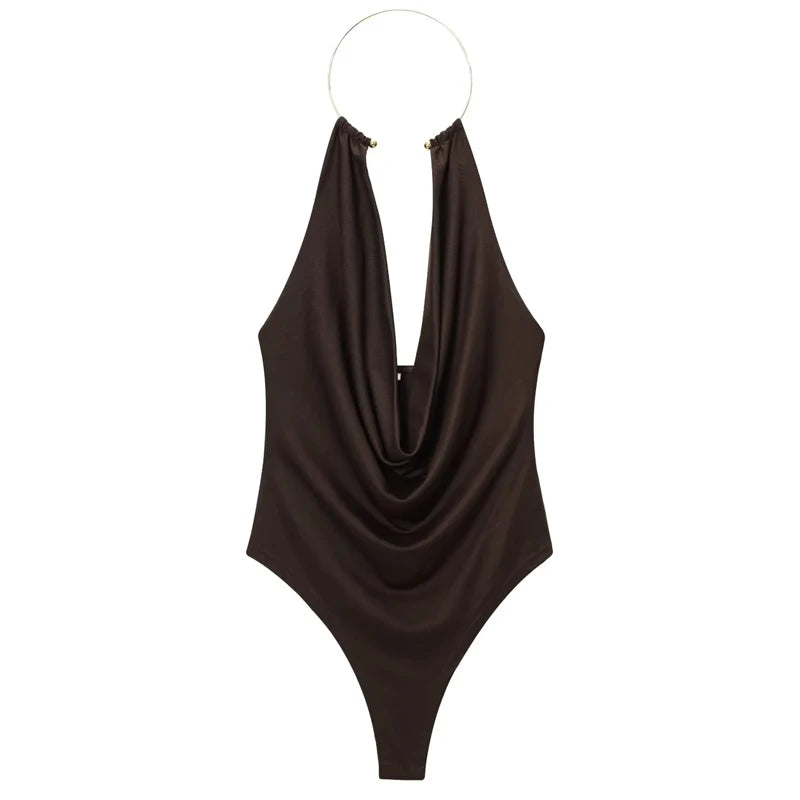 HXAO Halter Neck Bodysuits Sexy Summer Off Shoulder Bodysuit Women Brown Top Ruched Ring Backless Thong Bodysuit Woman One Piece