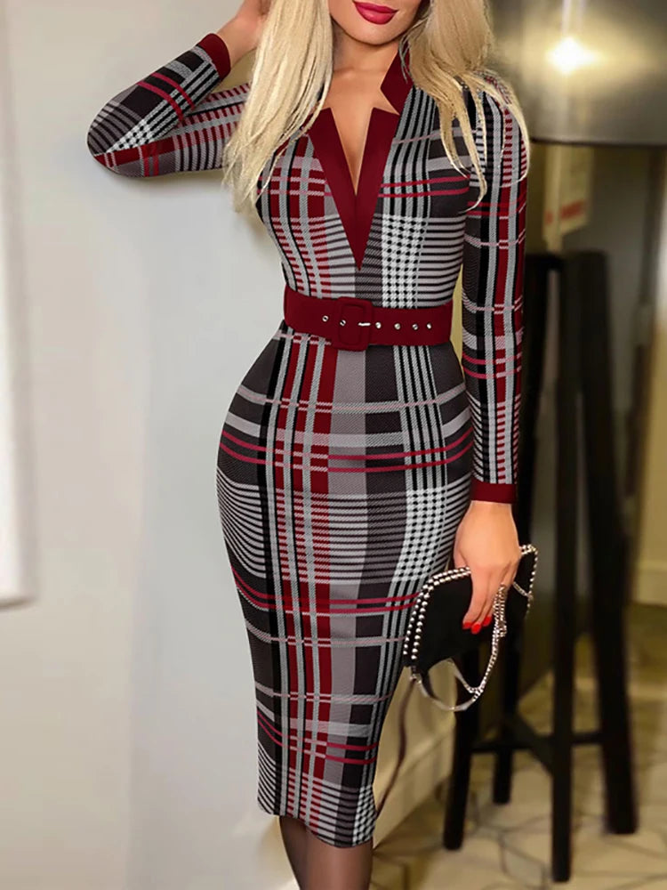 New Women Printing Office Lady Long Sleeve Party Dress Spring Autumn Deep V-Neck Slim Ladies Dress Belt Streetwear Dropshipping