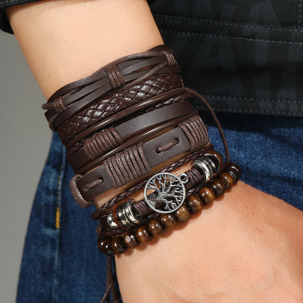 Red 6 Pc/set Tree Black Wrap Woven Handmade Wood Beads Bracelets Male Women Leather Bracelets Men Bangle Wholesale Jewelry Gift