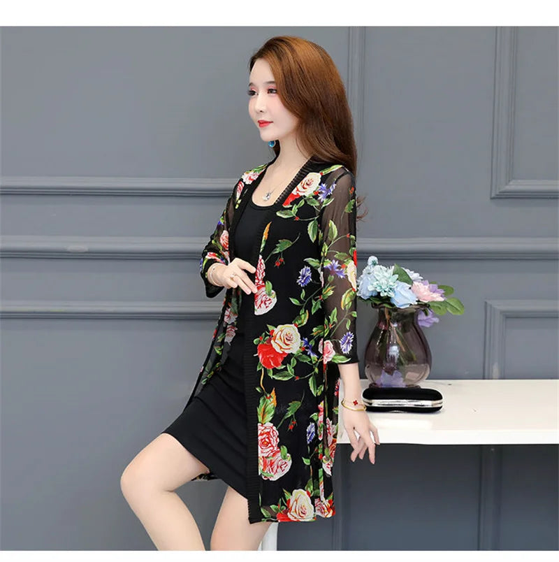 2024 Female Mid Length Large Size Sun Protection Cardigan Tops Coat Women Summer Gauze Lace Print Thin Sun Sunscreen Jacket 5XL