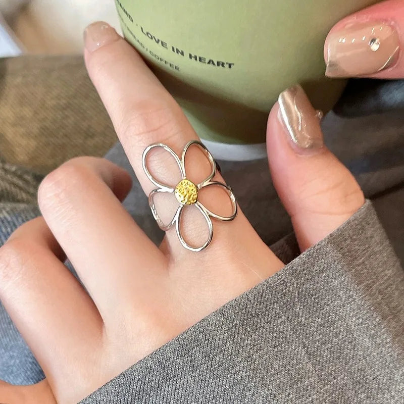 925 Sterling Silver Rings for Women Couple Minimalist Handmade Simple Big Flower Ring Party Prevent Allergy Jewelry Party Gifts