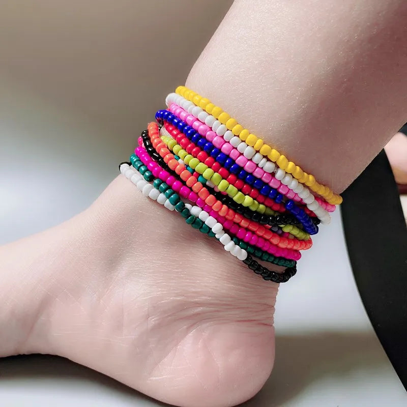 女性用ホワイトアンクレット、カラフルなファッションガール、小さなシードビーズフットブレスレット、イエローボヘミアンアンクレット、ギフトジュエリー