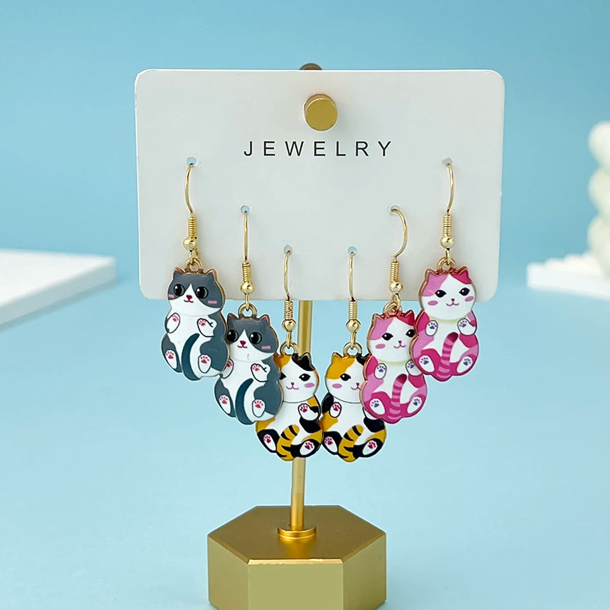 3Pairs/Set New Fun and Cute Enamel Alloy Cat Dangle Earrings Cartoon Style Colored Cat Ear Jewelry Set Gift For Women Girls