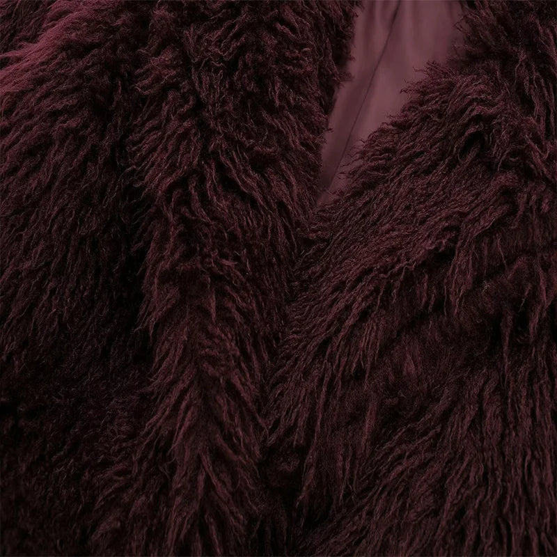 Koekop Women's Fashion Burgundy Asymmetric Thick Collar Fur Coat Vintage Casual Chic Temperament Lady Short Jacket