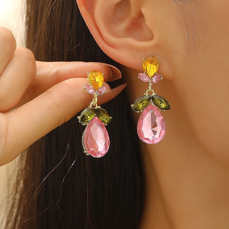 Colorful Zircon Flower Water Drop Charm Necklace Jewelry Sets for Women Elegant Luxury Earrings High-End Bestie Gift Accessories