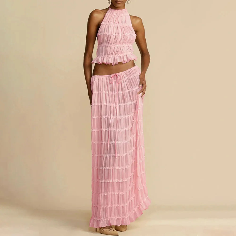 2024 Summer Party Elegant Women Beach Skirt Suit Sleeveless Backless Cropped Halter Lace Up Tops And Long Skirts Two Piece Sets