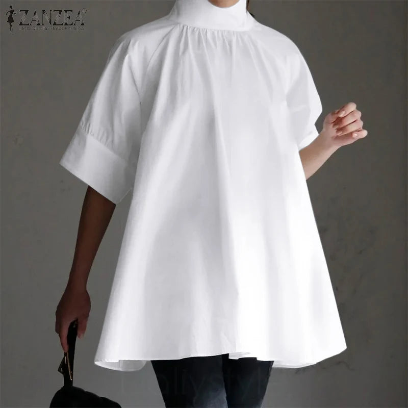 ZANZEA Elegant Women High Collar Half Sleeve Blouse Summer Casual Loose Shirt Fashion Work OL Tops Female Party Blusas Chemise