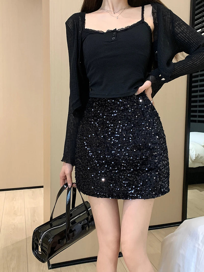 High Waist Sequined Casual A Line Skirts Women 2025 Elegant Korean Fashion Y2k Clothes Sweet Kawaii Black Micro Skirt Harajuku
