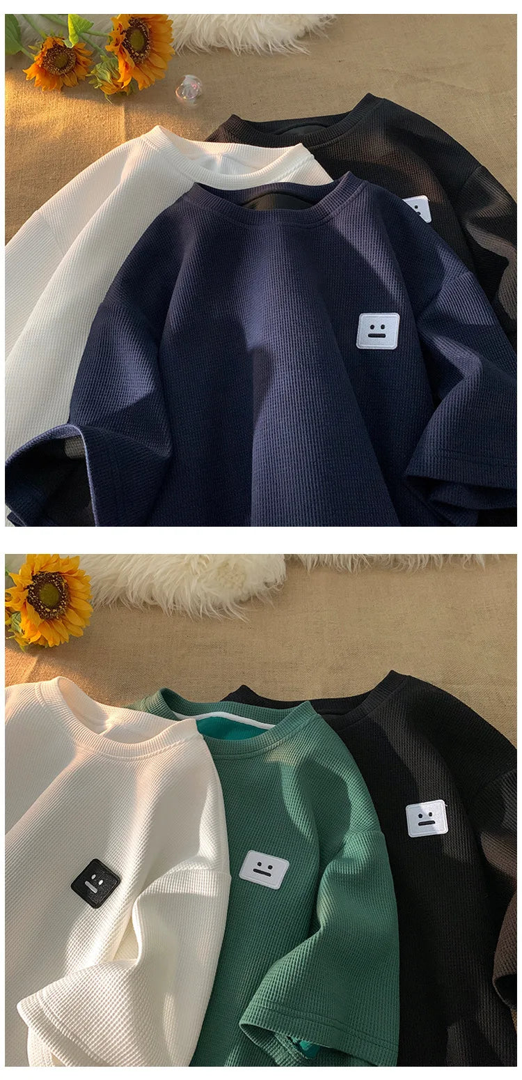 メンズ サマー アメリカン レトロ ワッフル 半袖 Tシャツ 厚手 無地 大きいサイズ 通気性 ゆったり カジュアル 半袖