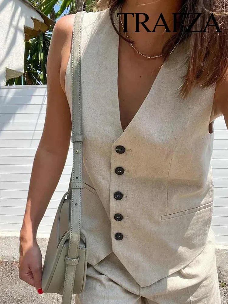 TRAFZA Women's Fashion Solid Linen Waistcoat Top V Neck Button Loose Casual Vest Summer Woman Streetwear Chic Vests Waistcoat