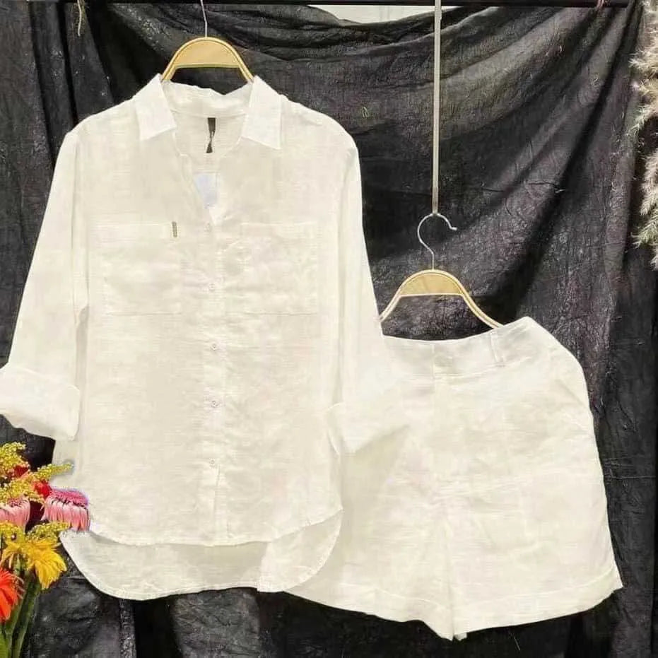 Fashion White Long Sleeve Shirt And Shorts Two Piece Sets Women 2025 Summer Cotton Linen Casual Home 2 Piece Set For Women