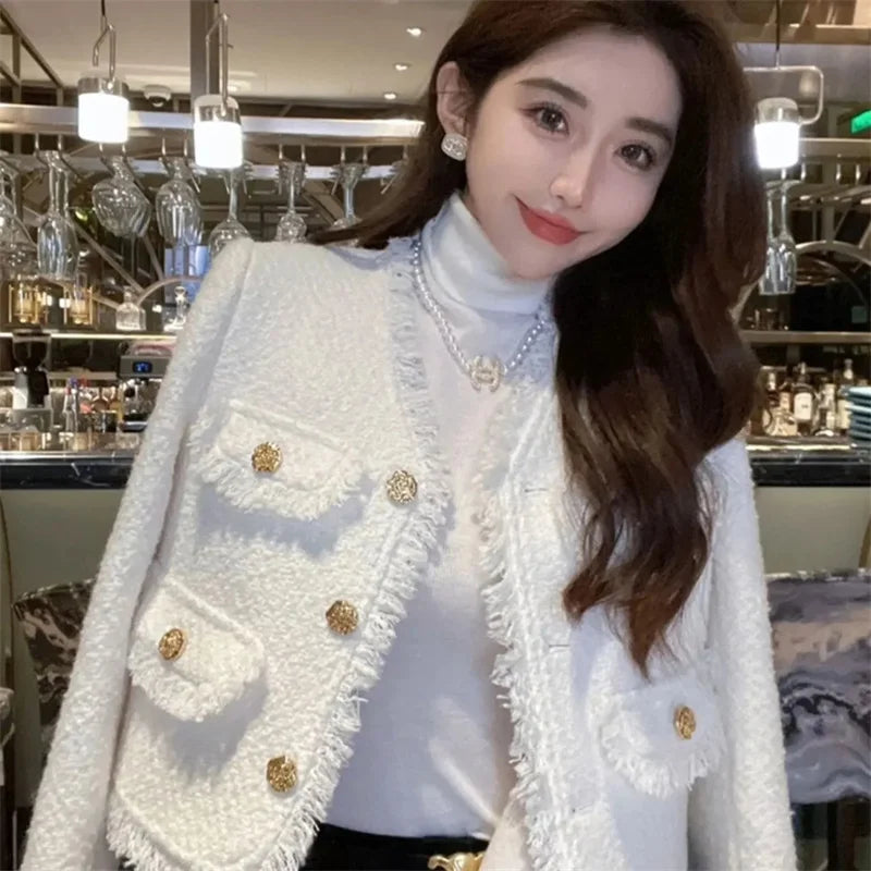 ジャケット 小さな香り ゆったり Vネック 長袖コート 春秋 高級 高級ツイード フレンチホワイト ショートコート レディース
