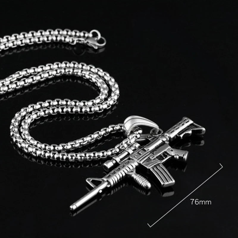 Men's Machine Gun Pendant Necklace Hip Hop Punk Black Gold Color Stainless Steel Chain Retro Accessories Hippie Rapper Jewelry