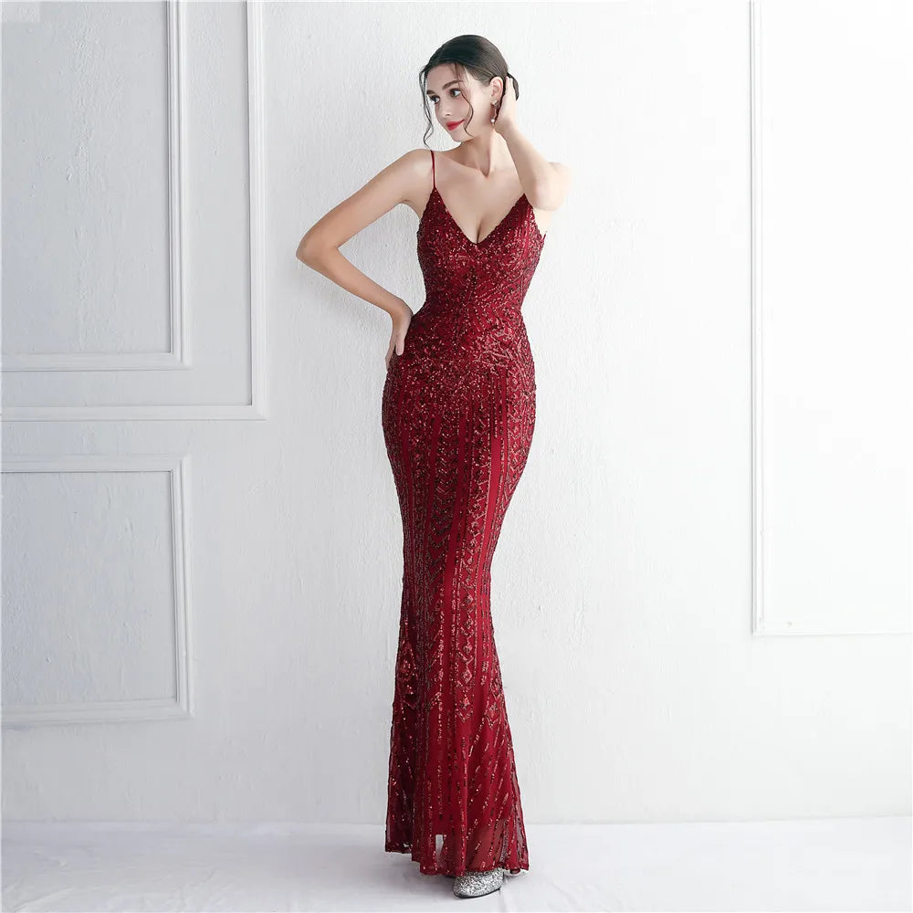 Women's Black Long Sleeve Padded Strap Sequin Dress Length, Sparkles Stretch, V Neck Mermaid, Formal Evening Dress, Night Party