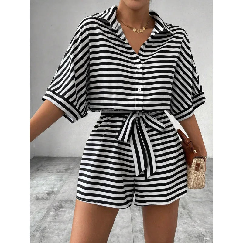 Summer New Set For Women's Casual Loose Comfortable Outfit Fashion Striped Batwing Sleeve Shirt Top+ Shorts 2-piece Sets Woman