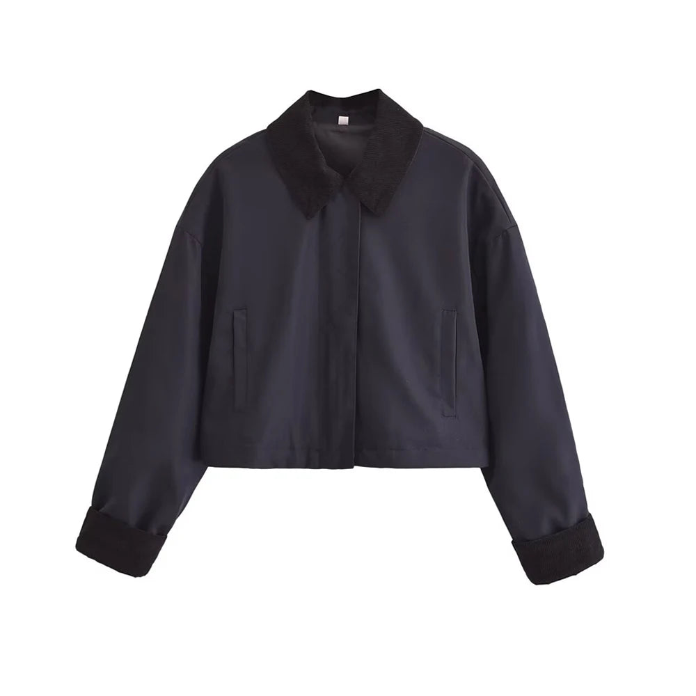 TRZA Women Fashion Patchwork Corduroy Cropped Jacket Coat Long Sleeve Front Zipper Female Outerwear Chic Tops