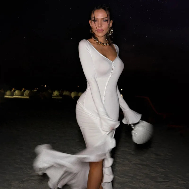 Sibybo Ruffles V Neck Bodycon Maxi Dress Women Fashion Single-breasted Flare Sleeve Side Split Irregular Party Dresses Robes