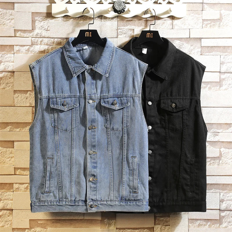 2025 Men's Spring/Summer Autumn Denim Vest Jacket Teenagers Black Leisure Hooded Vests Coat Plus Size Waistcoat M-5XL