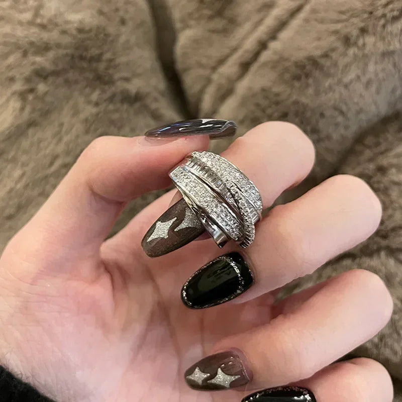 Light Luxury Inlaid Cubic Zircon Finger Ring for Women Classic Cross Design Open Ring Bride Jewelry for Engagement Wedding