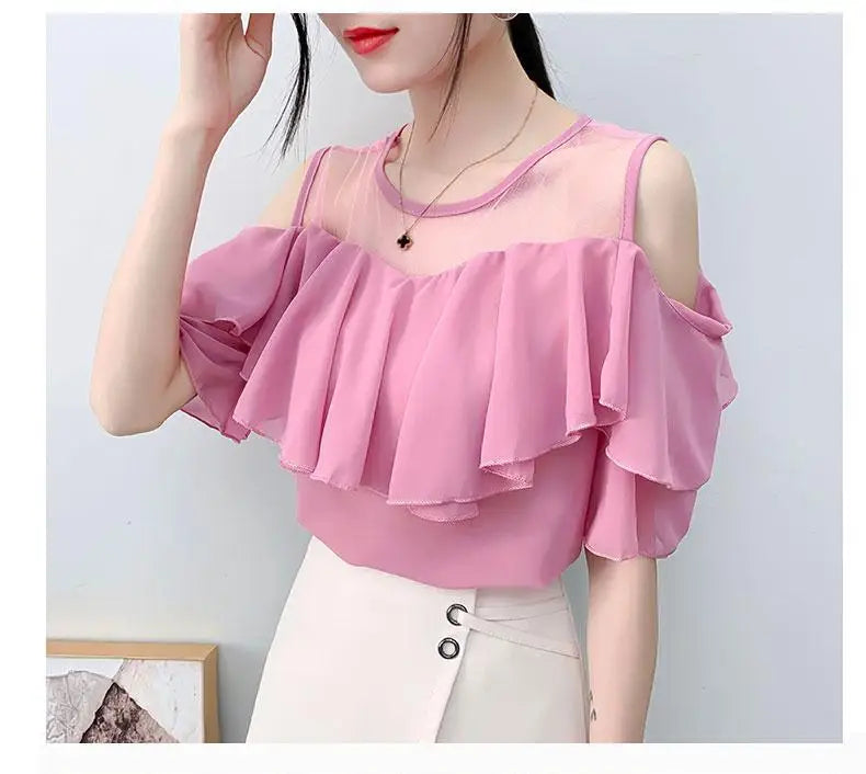 Off Shoulder Sexy Chiffon Blouses Women 2025 Summer Korean Fashion Clothes Ruffles Slim Sweet Ladies Casual Lace Tops Shirts Y2k