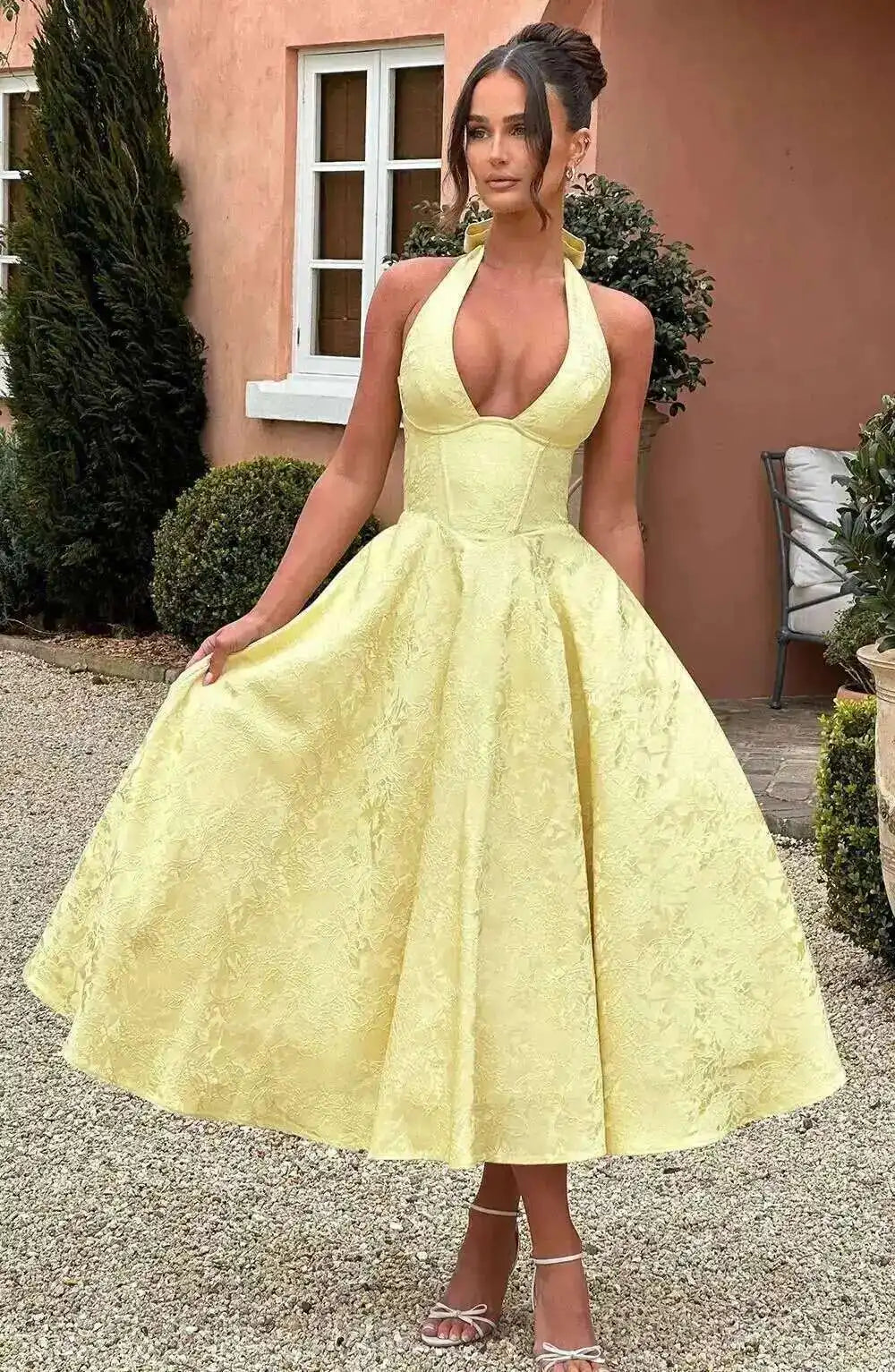 Giyu Club Evening Party Dresses Women 2025 Summer Sexy Bow Halter Long Dress Elegant Jacquard Lace Up Backless Birthday Robe