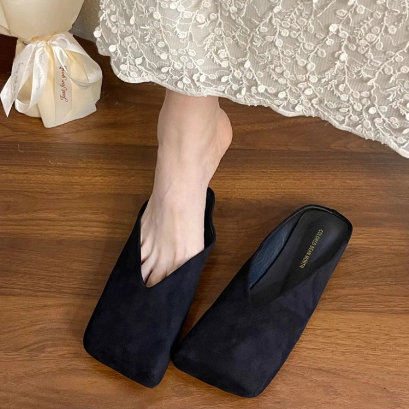 Flats Women Square Toe Slippers Designer Shallow Mule Shoes 2025 Summer New Casual Shoes Fad Brand Walking Soft Femme Chaussures