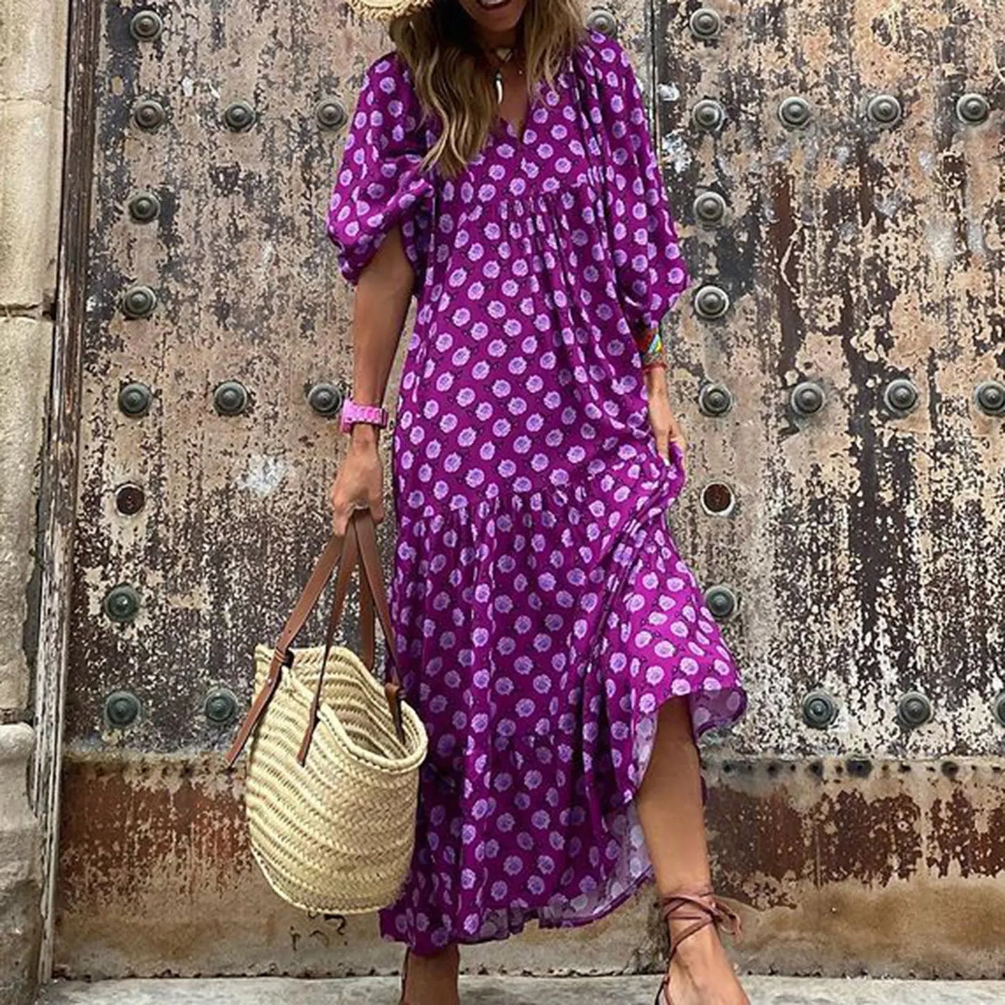 Women's Summer Casual Fashion Geometric Print Neckline Lace-up Bubble Middle-sleeves Ruffle Stitching Big Swing Long Losse Dress