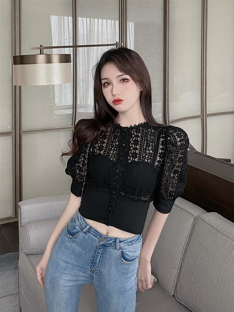 Woherb Sweet Crochet Top Blouse Women Sexy Hollow Out Shirt Vintage Puff Sleeve Korean Shirts Fashion Chic Tops Blusas