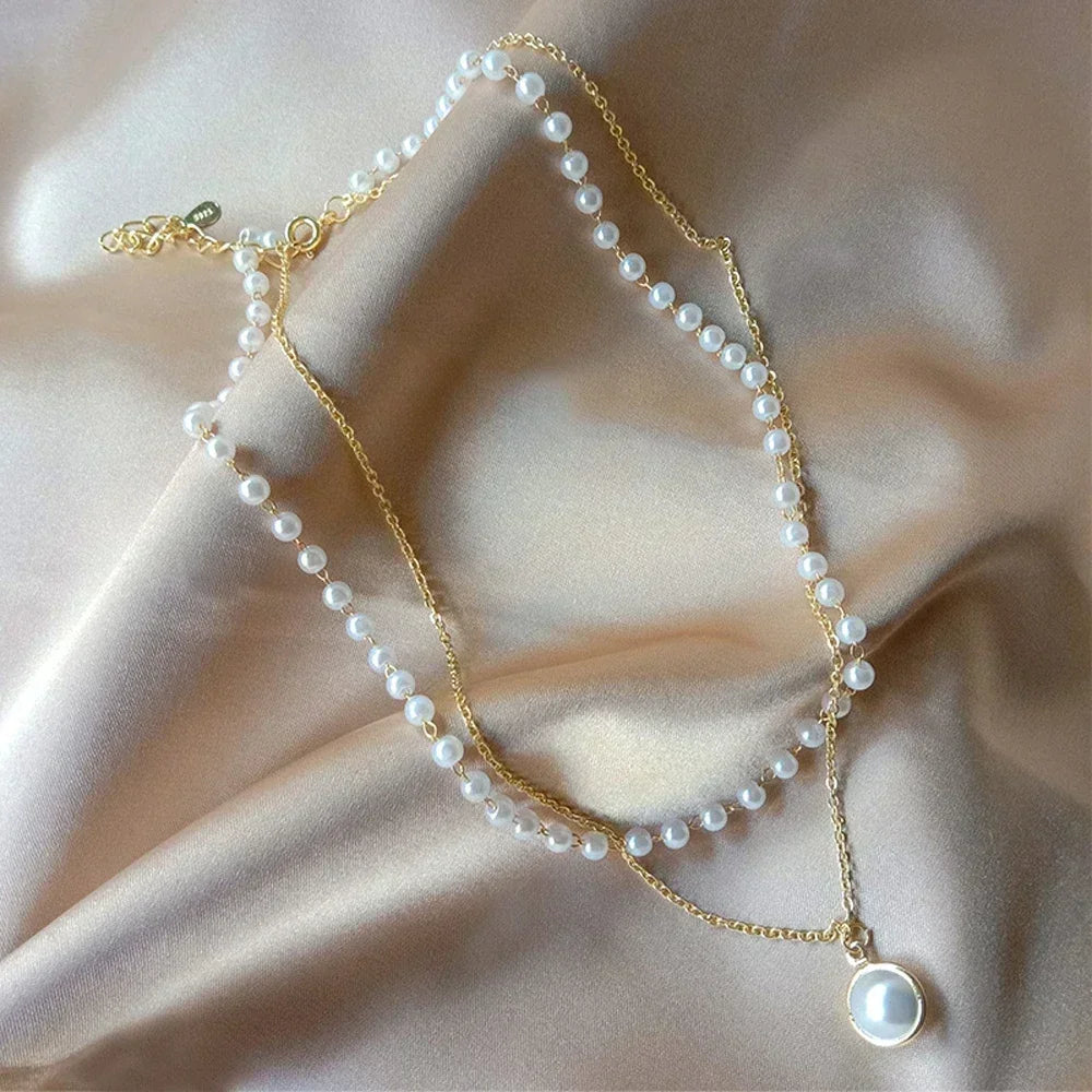 Pearl Dainty Adjustable Double Layer Chain Pendant Necklaces Gold Plated Pearl Tiny Chain Delicate Mother's Valentine Jewelry